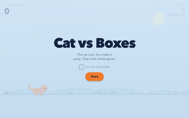 Cat vs Boxes — a cat with a pink collar waits on a pale blue field by the start button