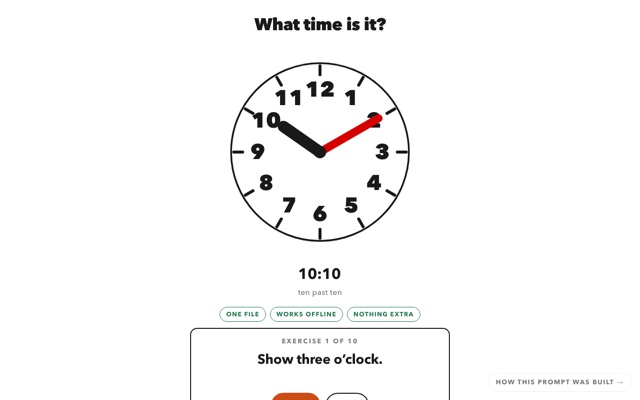 The clock — big numbers, a red minute hand, an exercise underneath
