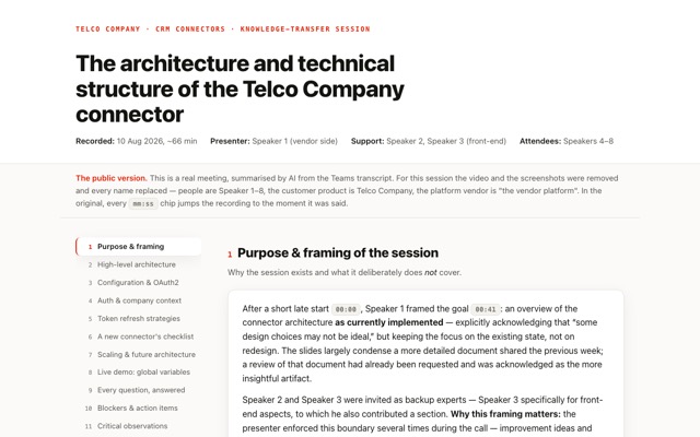 The meeting minutes — a real architecture call as one quiet page, topics on a rail, every name gone