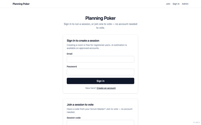 Planning poker — the live site's door: sign in to run a session, or join one to vote