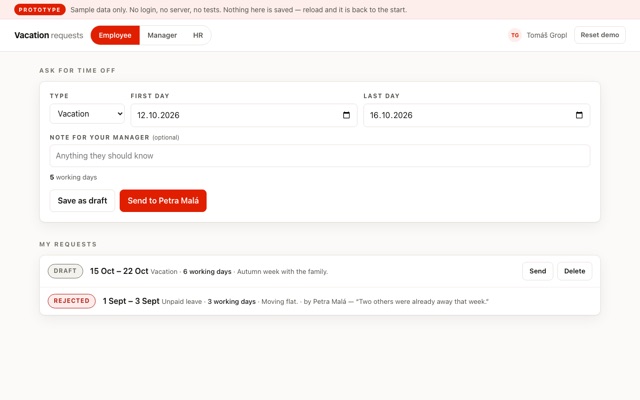 The vacation prototype — employee, manager and HR views of the same request